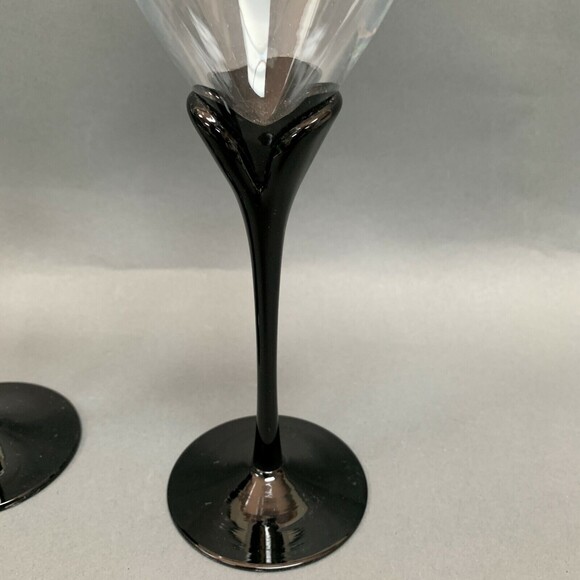 Clear Black Tulip Stem Wine Glass Glasses 9 3/8" high Lot of 3 - Picture 5 of 5